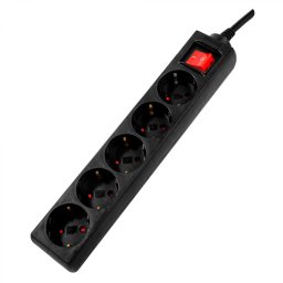 PRELUNGITOR SPACER, Schuko x 5, conectare prin Schuko (T), cablu 1.8 m, 16 A, max. 3500W, protectie supratensiune, protectie copii, negru, PP-5-18 v2 (timbru verde 0.18 lei)