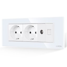 Priza Dubla Schuko + TV + Internet cu Rama din Sticla LUXION, Standard Italian, 6M, alb