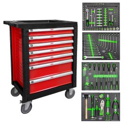 Dulap Mobil JBM 53686 cu 7 Sertare Echipat cu 172 Scule cu Finisaj din Fibra de Carbon Roti Transport Rosu