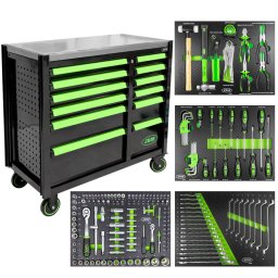 Dulap Mobil JBM 53939 cu 12 Sertare Echipat cu Banc de Lucru si 172 Scule pentru Mecanica Roti Transport Negru/Verde