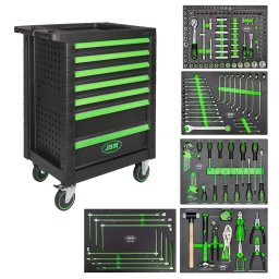Dulap Mobil JBM 53904 cu 7 Sertare Echipat cu 172 Scule cu Finisaj din Fibra de Carbon Roti Transport Negru/Verde