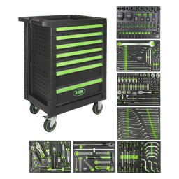 Dulap Mobil JBM 54240 cu 7 Sertare Echipat cu Scule pentru Camioane Roti Transport Negru/Verde