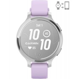 Ceas Garmin Lily 2 Active, display AMOLED, dimensiune afisaj 25,4 mm x 21,3 mm, rezolutie afisaj 240 x 201 pixeli, memorie 8GB, autonomie pana la 9 zile, rezistanta la apa pana la 5 ATM, greutate: 24,4g, ramă Argintiu, şi curea Purple Jasmine din silicon