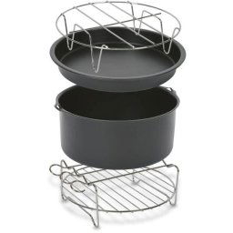 Set 4 accesorii 20 cm friteuze Easy Fry XXL Tefal XA113010, tava pizza, vas copt, gratar friptura, suport frigarui, inox si strat antiaderent, Negru