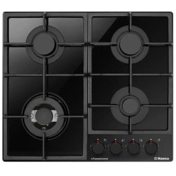 Plita pe gaz Hansa, gaz pe sticla, 60 cm, comenzi frontale, gratare de fonta, arzator WOK, flame control, 9 trepte de putere, negru