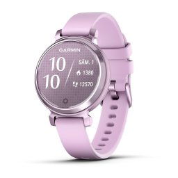 Ceas Garmin Lily 2, display AMOLED, memorie 8GB, autonomie pana la 5 zile, rezistant la apa, rama Metallic Lilac cu carcasa Light Sand si curea lila din silicon