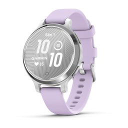 Ceas Garmin Lily 2 Active, display AMOLED, memorie 8GB, autonomie pana la 9 zile, rezistant la apa, ama Argintiu, si curea Purple Jasmine din silicon