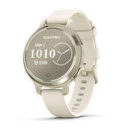 Ceas Garmin Lily 2 Active, display AMOLED, memorie 8GB, autonomie pana la 9 zile, rezistant la apa, rama Lunar Glod si curea Bone din silicon