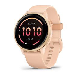 Ceas Garmin vívoactive 6 display AMOLED, memorie 8GB, autonomie pana la 11 zile, rezistant la apa, curea din silicon, Metallic Pink Dawn