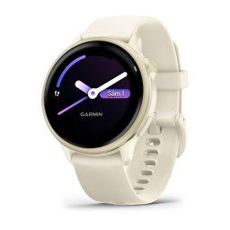 Ceas Garmin vívoactive 6 display AMOLED, memorie 8GB, autonomie pana la 11 zile, rezistant la apa, rama Lunar Gold cu curea Bone, carcasa Light Sand si curea din silicon