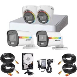 Sistem supraveghere Hikvision ColorVu, 2 camere exterior 2MP WL 20m Audio, 2 camere interior 2MP WL 20m Audio, DVR 4 canale 2MP, Accesorii, HDD 500GB