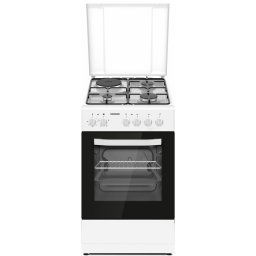Aragaz mixt Heinner HFSC-S56E1HSWH, 3 arzatoare gaz, 1 plita electrica, cuptor electric, aprindere electrica, 50x60, grill, alb