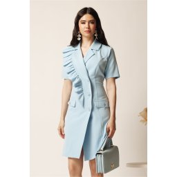 Rochie scurta bleu din stofa tip sacou cu croi cambrat si volan pe bust