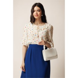 Bluza ivory din viscoza lejera cu imprimeu colorat si volnas la decolteu