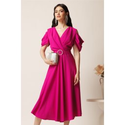 Rochie midi magenta din voal in clos cu decupaje la umeri si cordon in talie- LaDonna