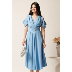 Rochie midi bleu din voal in clos cu decupaje la umeri si cordon in talie- LaDonna