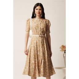 Rochie DY Fashion midi bej in clos cu imprimeuri albe si curea in talie