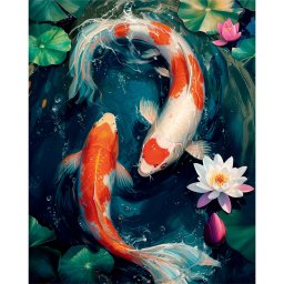 Set pictura pe numere, cu sasiu, Pesti japonezi si lotusi, 40x50 cm