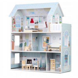 Casuta de papusi din lemn cu 3 etaje, mobilier inclus, 60 x 24 x 70 cm, ricokids rk-878 - albastru deschis