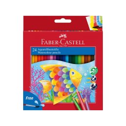Creioane colorate hexagonale acuarelă + pensulă Faber-Castell, 24 culori/set