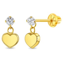 Cercei din Aur 14K pentru Copii – Inimioara Dangle cu piatra CZ alba, inchidere cu Filet si Protectie