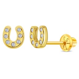 Cercei din Aur 14K pentru Copii – Potcoava cu pietre CZ albe, inchidere cu Filet si Protectie