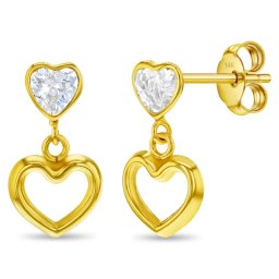 Cercei din Aur 14K pentru Adolescente, model Heart to Heart Dangle cu Piatra CZ clara, inchidere cu Fluturas