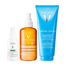 Pachet Vichy Capital Soleil – Fluid protectie solara UV-Clear SPF 50+, 50 ml + Apa solara protectoare SPF 30 cu beta-caroten, 200 ml + Lapte after sun calmant, 300 ml