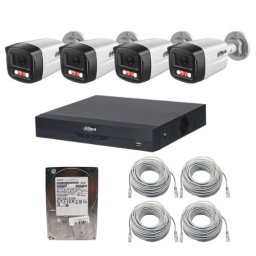 Sistem supraveghere IP Dahua, 4 camere 2MP Dual Light IR 30m, PoE, microfon, NVR 4 canale 16MP WizSense, PoE, HDD 500 GB, cabluri