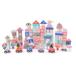 Set cuburi de constructii creative Ecotoys HM015220, din lemn, 115 blocuri