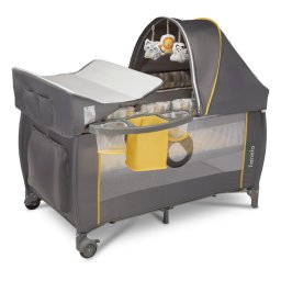 Lionelo - Patut pliant cu doua nivele Sven Plus, 120x60 cm, arcada jucarii, masuta de infasat, vibratii, melodii, conform cu standardele europeane de securitate EN716 si EN12221, Yellow Scandi