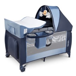 Lionelo - Patut pliant cu doua nivele Sven Plus, 120x60 cm, arcada jucarii, masuta de infasat, vibratii, melodii, conform cu standardele europeane de securitate EN716 si EN12221, Blue Navy