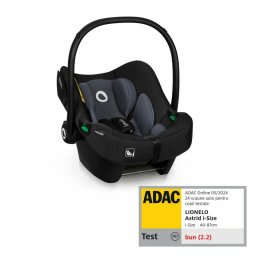 Lionelo - Soica auto i-Size Astrid, 0-13 Kg, 40-87 cm, Cu maner si capotina reglabile, Cu protectie laterala avansata, Salteluta confortabila , Conform cu standardul european de securitate R129, Negru/Gri