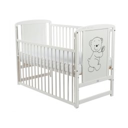 Babyneeds - Patut din lemn Timmi 120x60 cm, Cu laterala culisanta, Din lemn de pin si mdf, Stabil si rezistent, Inaltime saltea reglabila pe 3 nivele, Laterala cu 3 bete detasabile, EN716-1, EN716-2, Alb