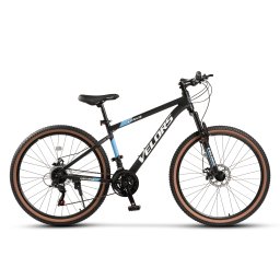 Bicicleta MTB cu Roti de 27,5", Echipare Shimano/Carpat, 21 Viteze, Manete Secventiale, negru/alb/albastru, Mountain Bike Velors Venus cu Cadru Aluminiu, Frane Disc si cabluri integrate