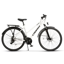 Bicicleta Trekking Unisex cu Roti de 28", Suspensie fata, Manete Secventiale Shimano, Echipare Shimano, Frane DISC -fata/spate, 21 Viteze, alb/negru, City Bike Carpat Genius Altay cu cadru din Aluminiu si cabluri integrate