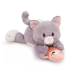Nici: Pisică gri de pluș și pește, culcată - 30 cm