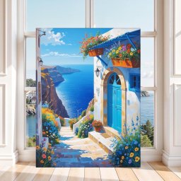 Tablou Canvas Căsuță cu Flori pe Faleză GRP23 (Dimensiune LxH: 70x100cm)