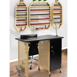 MANIA1 - Masuta manichiura, 90 cm, cu aspirator incorporat, perna maini si lampa LED, masa cosmetica - Alb/ Negru / Negru-Auriu