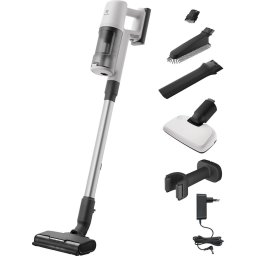 Aspirator vertical 21,6V 2500 mAh recipient praf 0,5l tub inox perie PowerPro multisuprafete cu LED duza BedPro cu lumina UV duza aspirare praf la inaltime 79 dB autonomie max 50 minute alb scoica