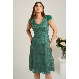Rochie midi verde din dantela in clini cu pene la umeri