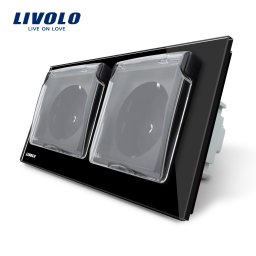 Priza dubla Livolo cu rama din sticla si capac de protectie rezistent la apa SmartElectro IntelligentHouse