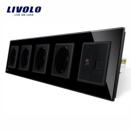 Priza cvintupla + priza TV Internet Livolo cu rama din sticla SmartElectro IntelligentHouse