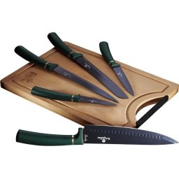 Set de cutite cu tocator din bambus, 6 piese, Emerald Edition, verde auriu
