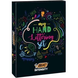 Kit caligrafie BIC Intensity My Hand Lettering Set, 20 de finelinere, 12 markere Dual Tip, 12 linere, 4 sabloane