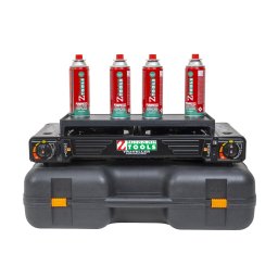 Pachet aragaz camping cu 2 ochiuri, aprindere electrica, putere 2x2.3kw, cu tava gril, spatula, cleste si cutie de transportat + 4 butelii 410ml / ZTS 5620_1