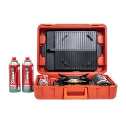 Pachet aragaz camping, din inox, putere 2.3Kw aprindere electrica, cu tava, cleste, cutit si cutie rosie de transportat + 3 butelii 410ml / ZTS 5617_1