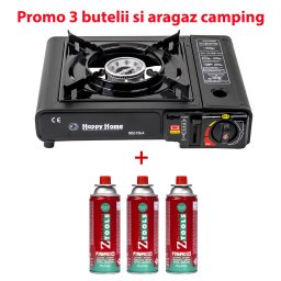 Pachet promo - Aragaz camping, aprindere automata, negru, AD-1 + 3 butelii 410ml / SET 30059