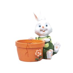 Decoratiune pentru gradina, din rasina, model iepure cu ghiveci pentru flori, inaltime 17cm, alb / ZTS 8076