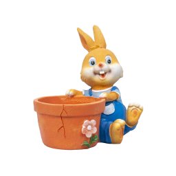 Decoratiune pentru gradina, din rasina, model iepure cu ghiveci pentru flori, inaltime 17cm, galben / ZTS 8075